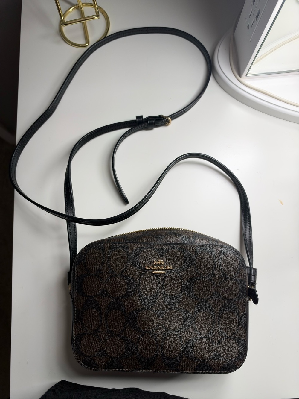 Coach Brown Signature Dome Crossbody with Black Strap